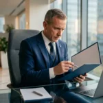 Homme en costume bleu consultant un document dans un bureau