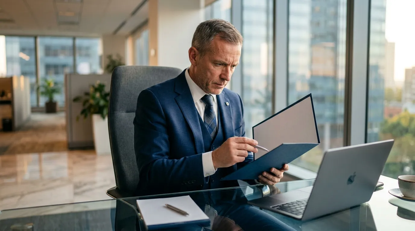 Homme en costume bleu consultant un document dans un bureau