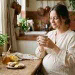 Femme enceinte boit une tasse de thé chaud à table