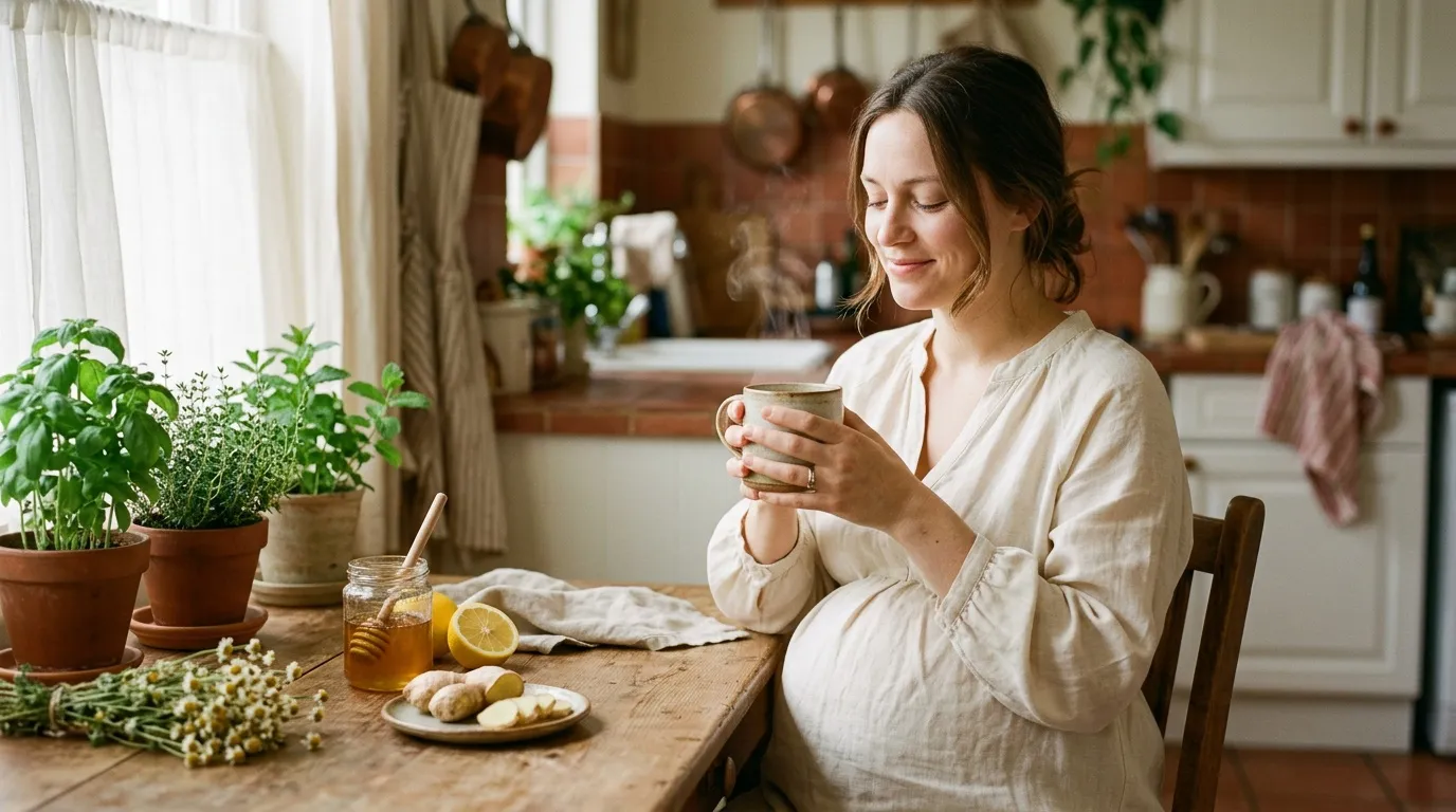 Femme enceinte boit une tasse de thé chaud à table