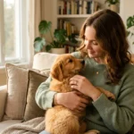 Femme en pull vert caressant un chien roux sur un canapé