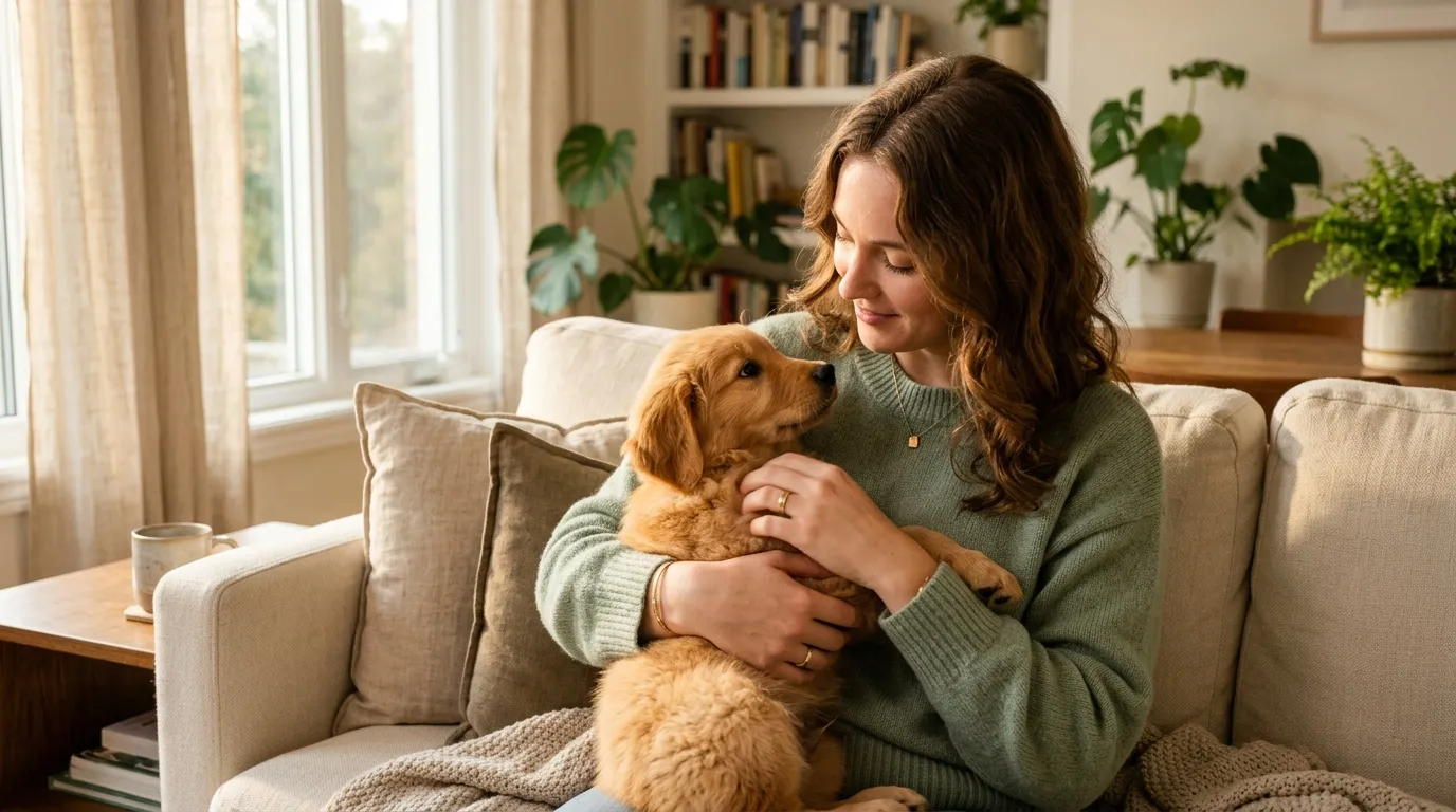 Femme en pull vert caressant un chien roux sur un canapé