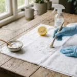 Personne nettoyant avec solution vinaigre, bicarbonate et citron