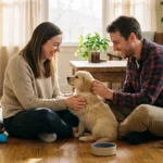 Un couple sourit en caressant leur chien golden retriever assis.