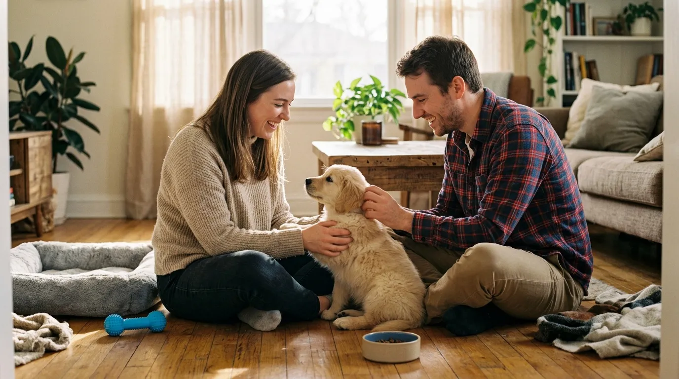 Un couple sourit en caressant leur chien golden retriever assis.